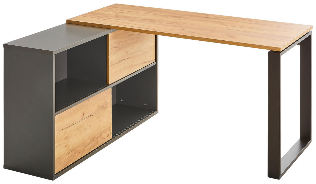 KOTNA PISALNA MIZA leseni material barve grafita, barve hrasta  - črna/barve hrasta, Moderno, kovina/leseni material (145/120/75cm) - Novel