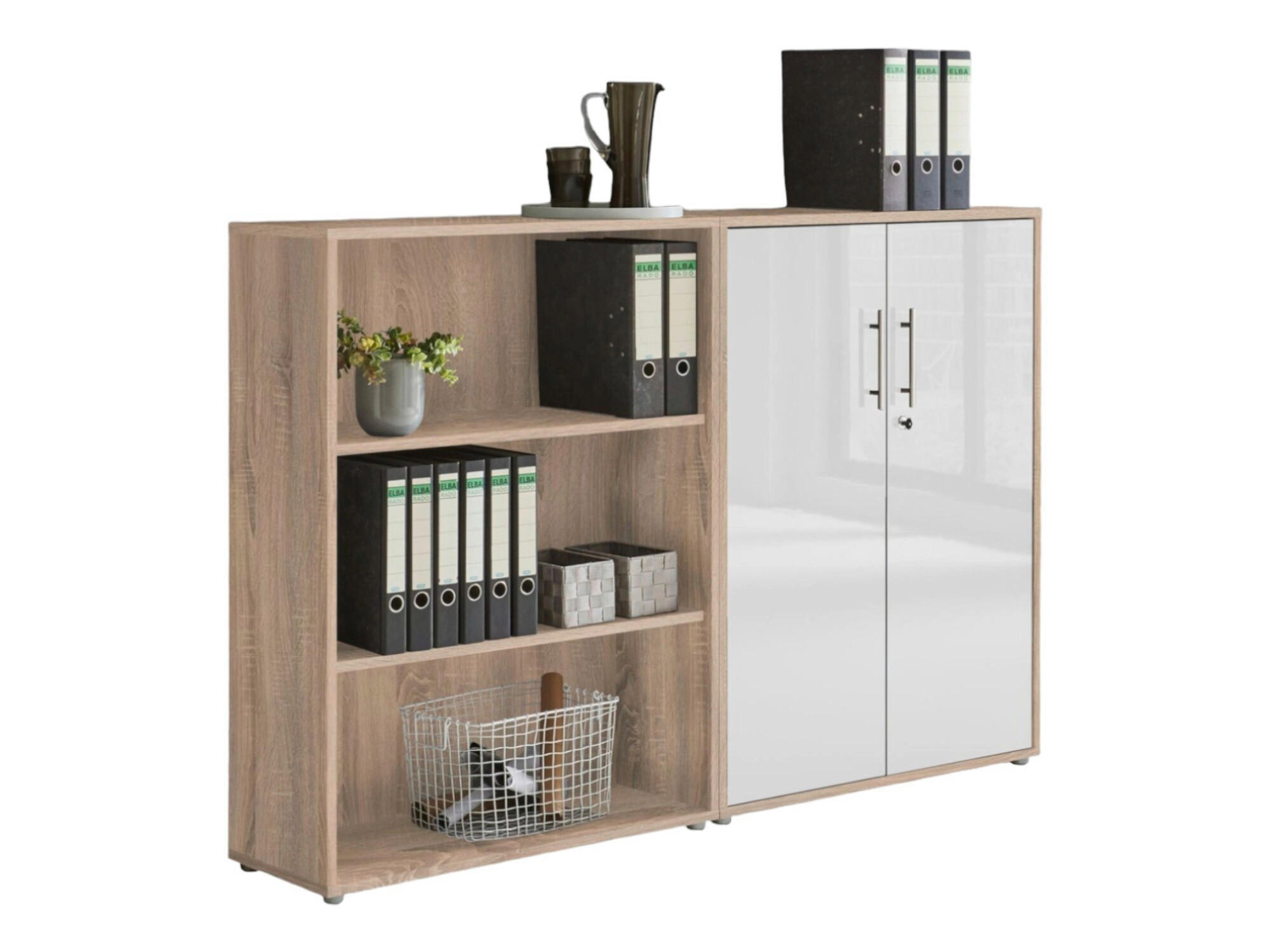 AKTENSCHRANK Sonoma Eiche, Weiß Hochglanz  - Weiß Hochglanz/Sonoma Eiche, MODERN, Holzwerkstoff (168,8/113,6/33cm) - MID.YOU