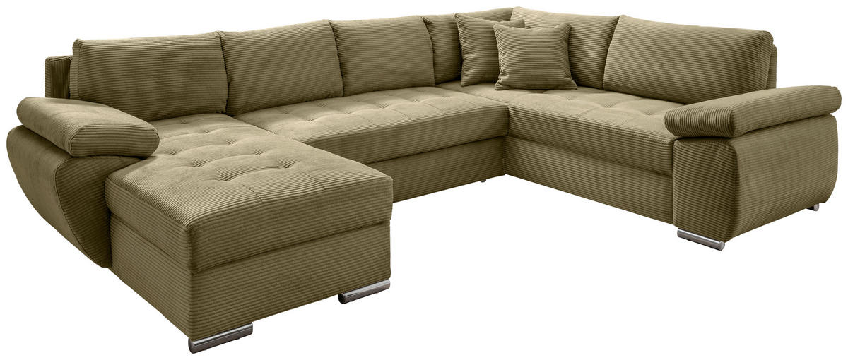 WOHNLANDSCHAFT in Cord Olivgrün  - Chromfarben/Olivgrün, KONVENTIONELL, Textil/Metall (157/305/219cm) - Livetastic