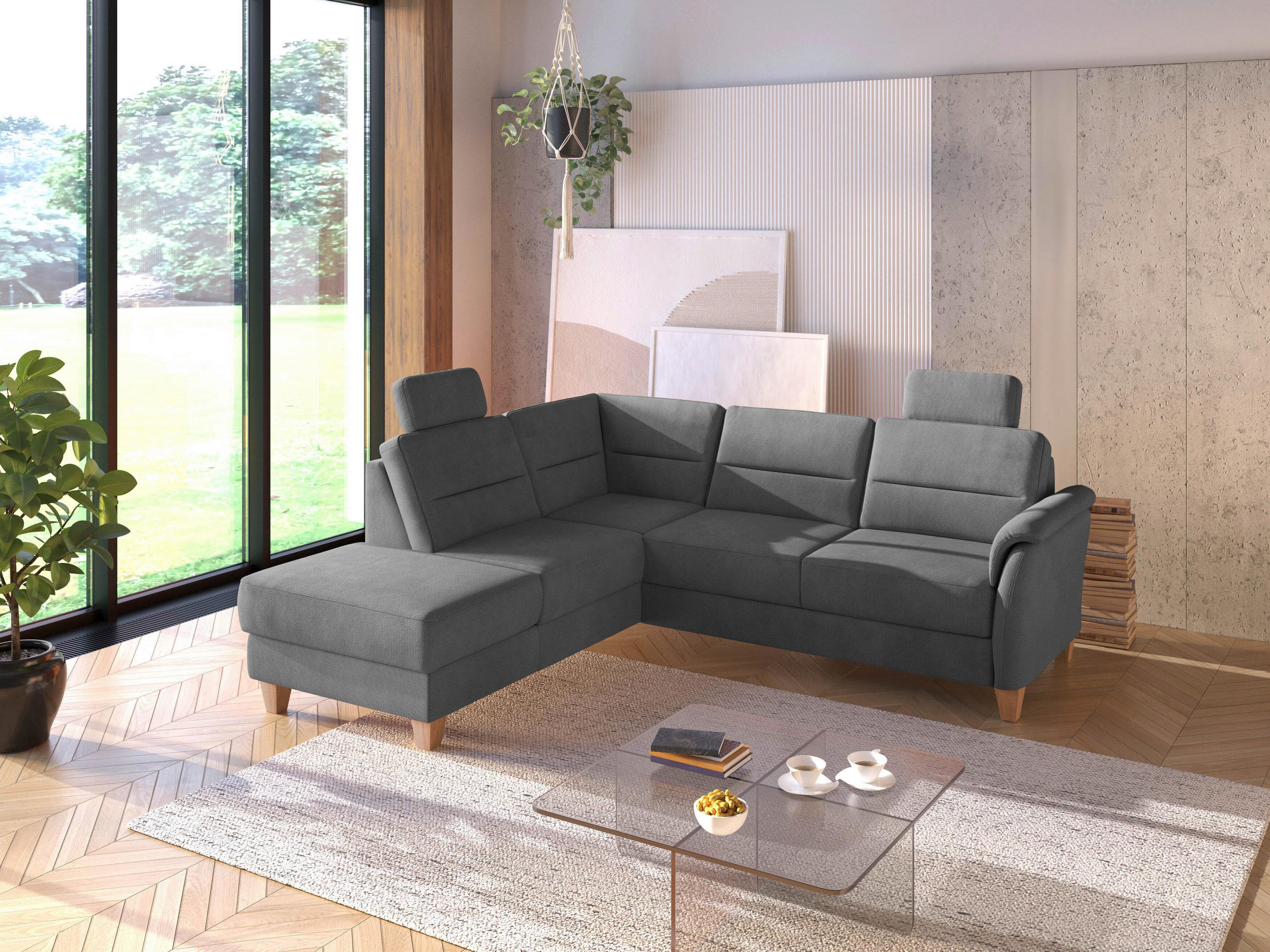 ECKSOFA PALMERA V Grau Flachgewebe Kopfstütze, Liegefläche im Originalstoff  - Eichefarben/Grau, KONVENTIONELL, Holz/Textil (212/236cm) - Sit & More