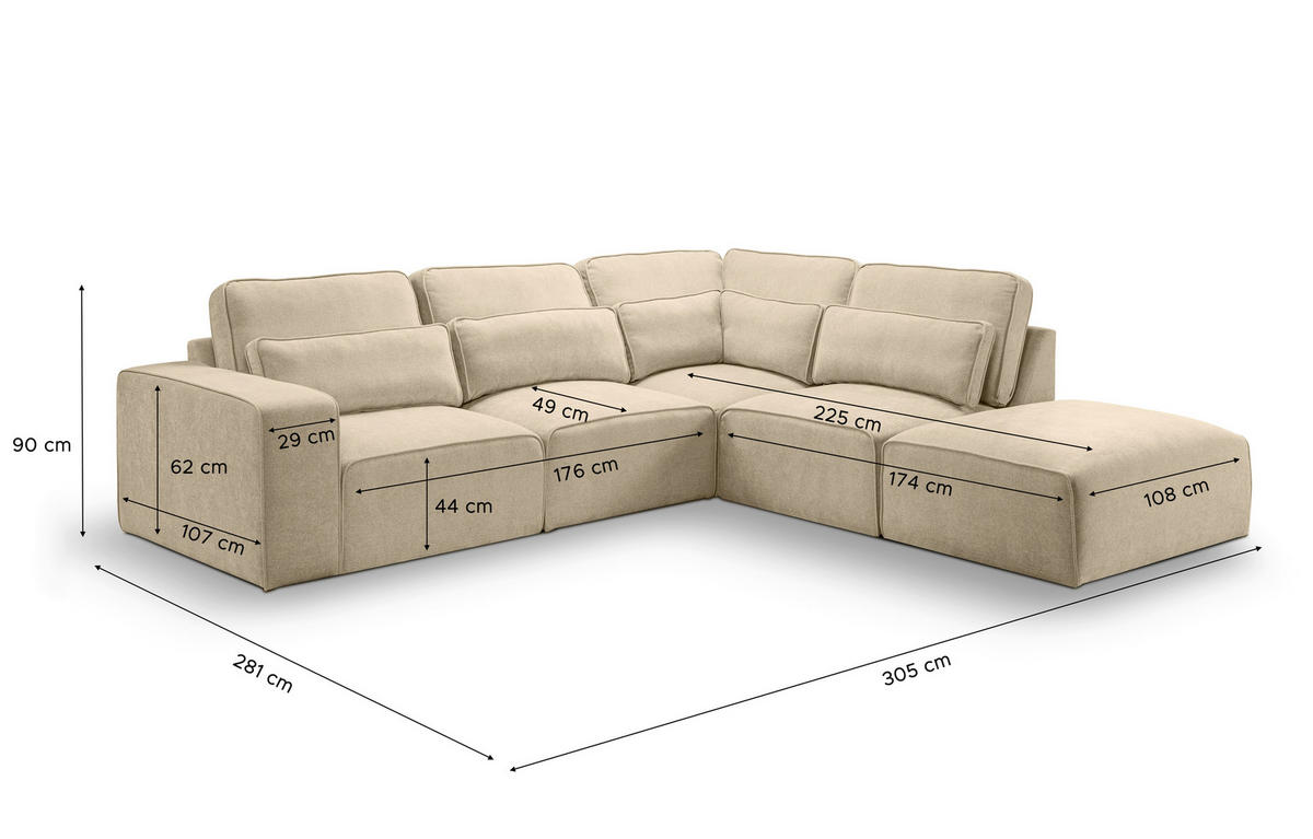 ECKSOFA LUX in Webstoff Beige  305/281 cm  - Beige/Schwarz, Basics, Holz/Kunststoff (305/281cm) - MID.YOU