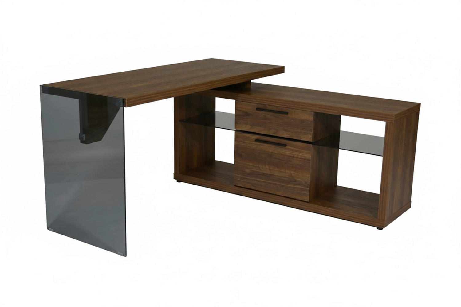 ECKSCHREIBTISCH 141,8/140/74 cm Walnussfarben Stauraum, seitenverkehrt montierbar  - Walnussfarben/Schwarz, Design, Glas/Holzwerkstoff (141,8/140/74cm) - MID.YOU