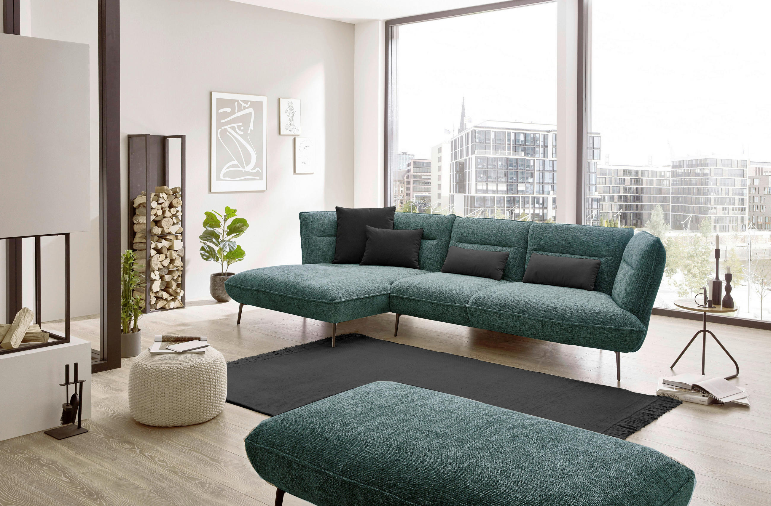 ECKSOFA in Flachgewebe Blau, Grün  - Blau/Schwarz, Design, Textil/Metall (153/339cm) - Moderano