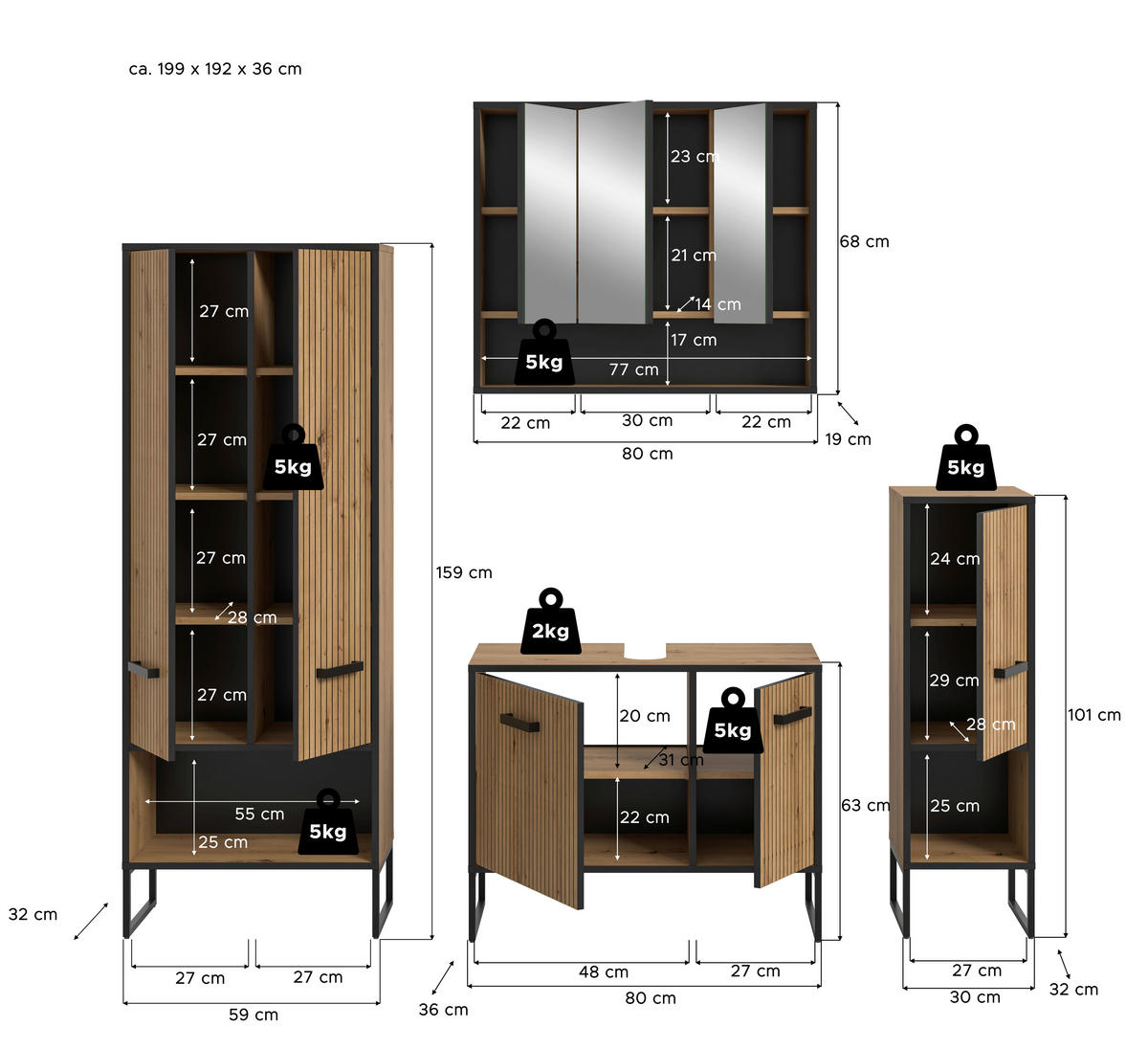 BADRUM 169 cm  - svart/ek Artisan, Trend, metall/trämaterial (169cm) - MID.YOU
