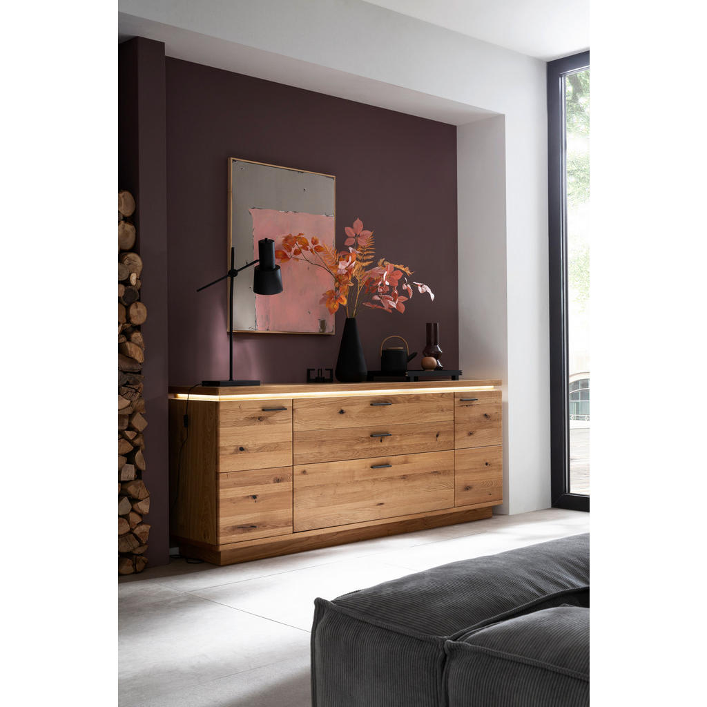 Thumbnail - Linea Natura Sideboard, Eiche, Metall, Balkeneiche, massiv, furniert, 4 Fächer, 3 Schubladen, 210x84x44 cm, Beimöbel erh...
