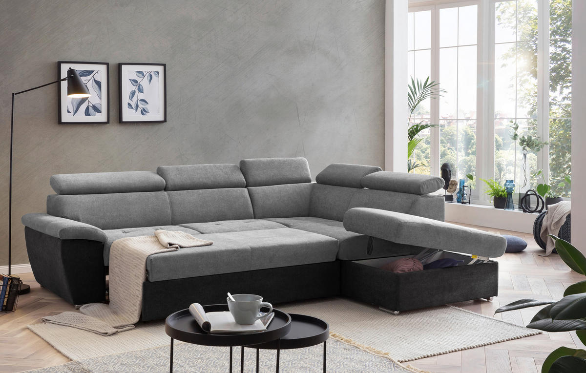 ECKSOFA in Mikrofaser Grau, Schwarz  - Chromfarben/Schwarz, Design, Textil/Metall (262/216cm) - Livetastic