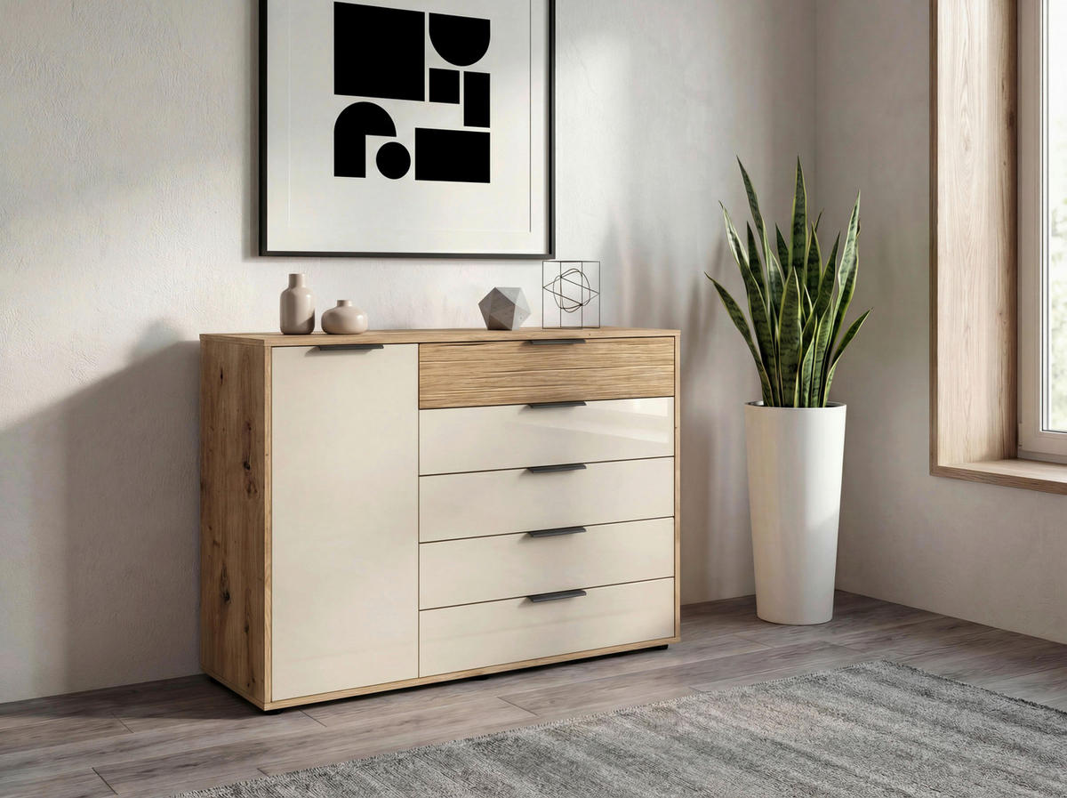 KOMMODE SAN FRANCISCO, 120/86/43 cm, 4 Schublade(n)  - Eiche Bianco/Schieferfarben, Design, Glas/Holzwerkstoff (120/86/43cm) - Musterring