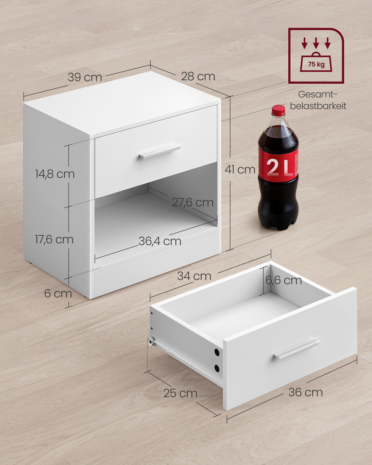NOČNÁ SKRINKA, biela, 39/41/28 cm - biela, Modern, kompozitné drevo (39/41/28cm) - MID.YOU