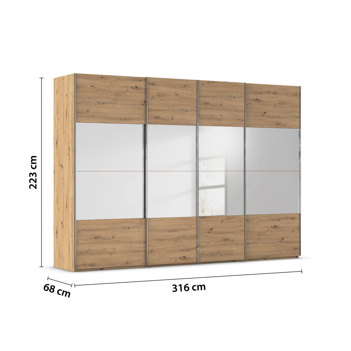 SCHWEBETÜRENSCHRANK 316/223/68 cm 4-türig Eiche Artisan  - Chromfarben/Eiche Artisan, Design, Glas/Holzwerkstoff (316/223/68cm) - Novel