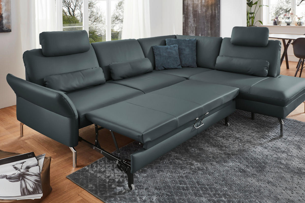 ECKSOFA in Echtleder Blaugrau  284/220 cm  - Blaugrau/Alufarben, KONVENTIONELL, Leder/Metall (284/220cm) - Beldomo Premium