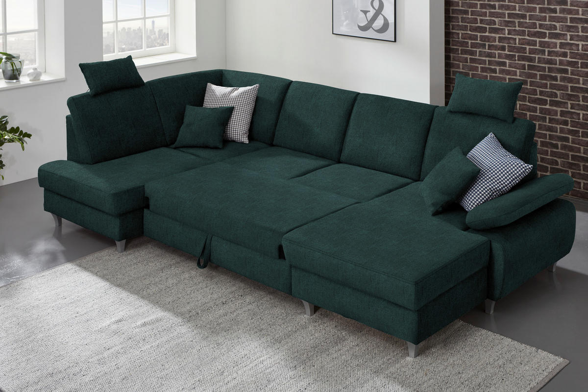 WOHNLANDSCHAFT in Struktur Dunkelgrün  - Dunkelgrün/Silberfarben, KONVENTIONELL, Holz/Textil (186/322/167cm) - Cantus