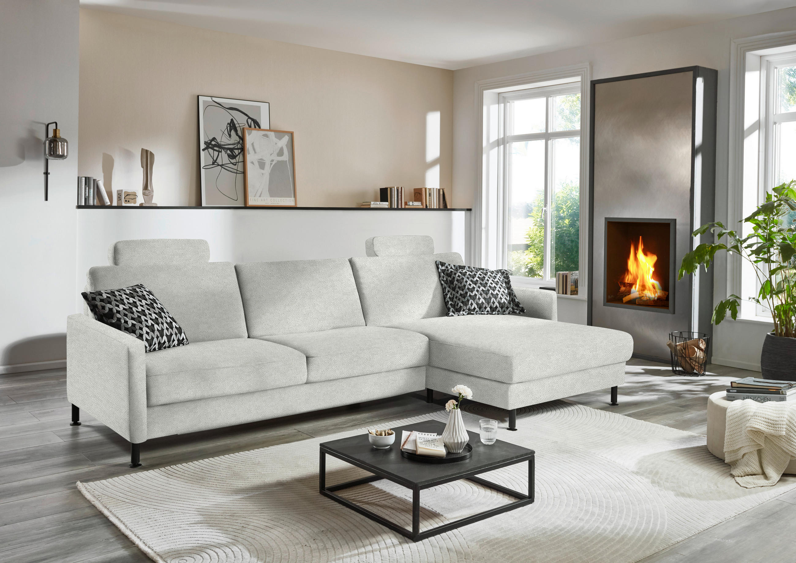 ECKSOFA  in Chenille, Flachgewebe Beige  316/175 cm  - Beige/Schwarz, Design, Textil/Metall (316/175cm) - Dieter Knoll