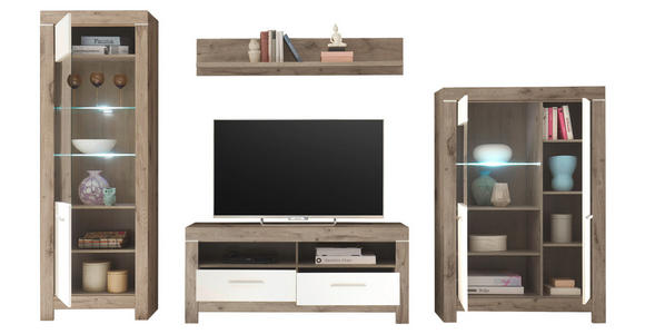 WOHNWAND in Weiß, Eichefarben 325/197/45 cm - Eichefarben/Silberfarben, Design, Glas/Holzwerkstoff (325/197/45cm) - Carryhome