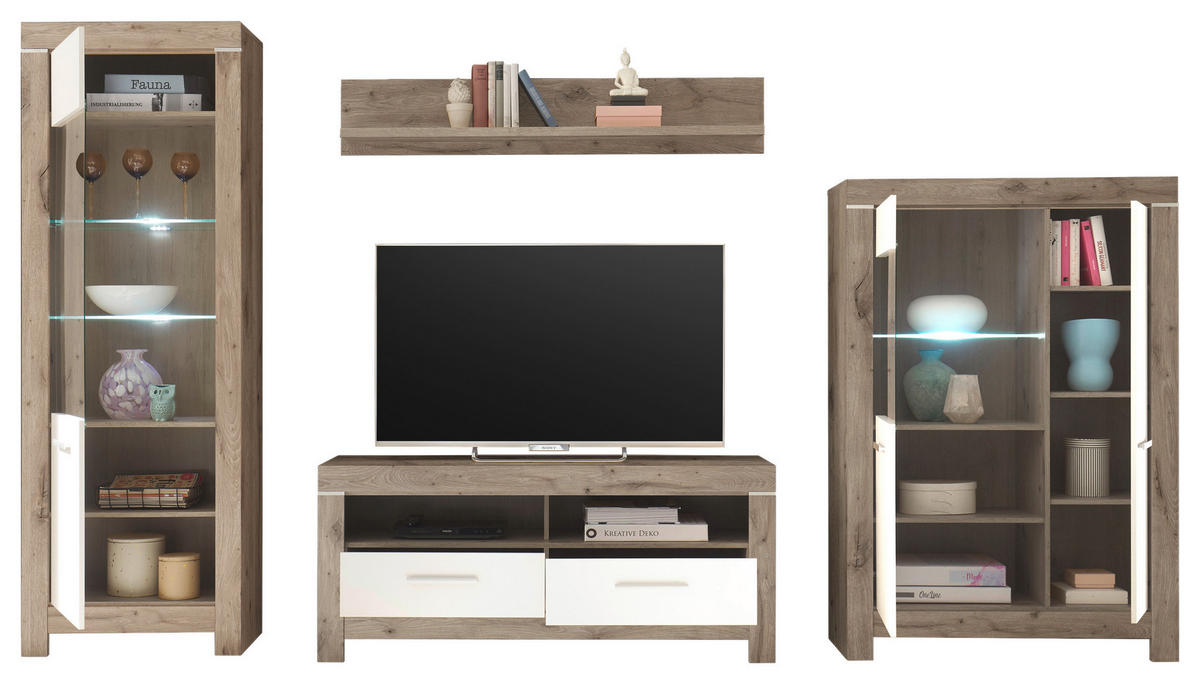 SZEKRÉNYSOR fehér, tölgyfa színű  - tölgyfa színű/ezüstszínű, Design, műanyag/faalapú anyag (325/197/45cm) - Carryhome