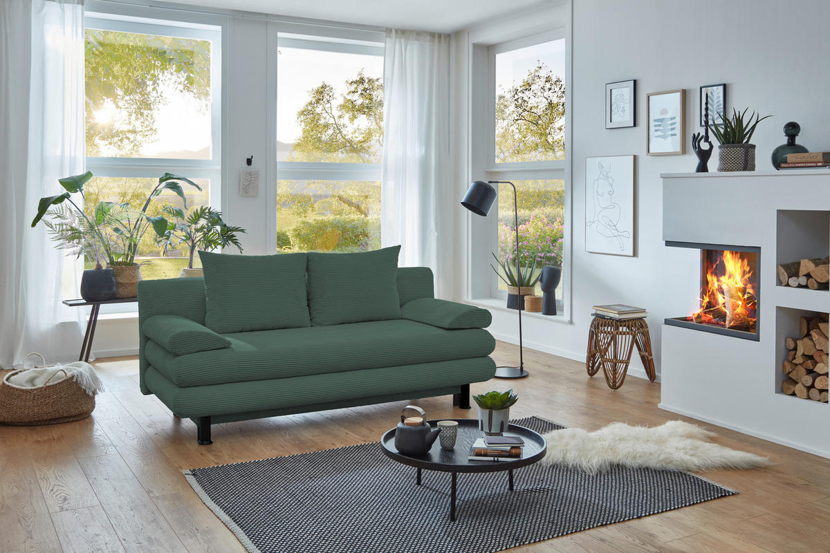 SCHLAFSOFA Cord Grün  inkl. Rückenkissen, Armlehnenkissen, Bettkasten, Schlaffunktion, Rücken echt, Liegefläche im Originalstoff  - Schwarz/Grün, KONVENTIONELL, Kunststoff/Textil (196/77/92cm) - Carryhome