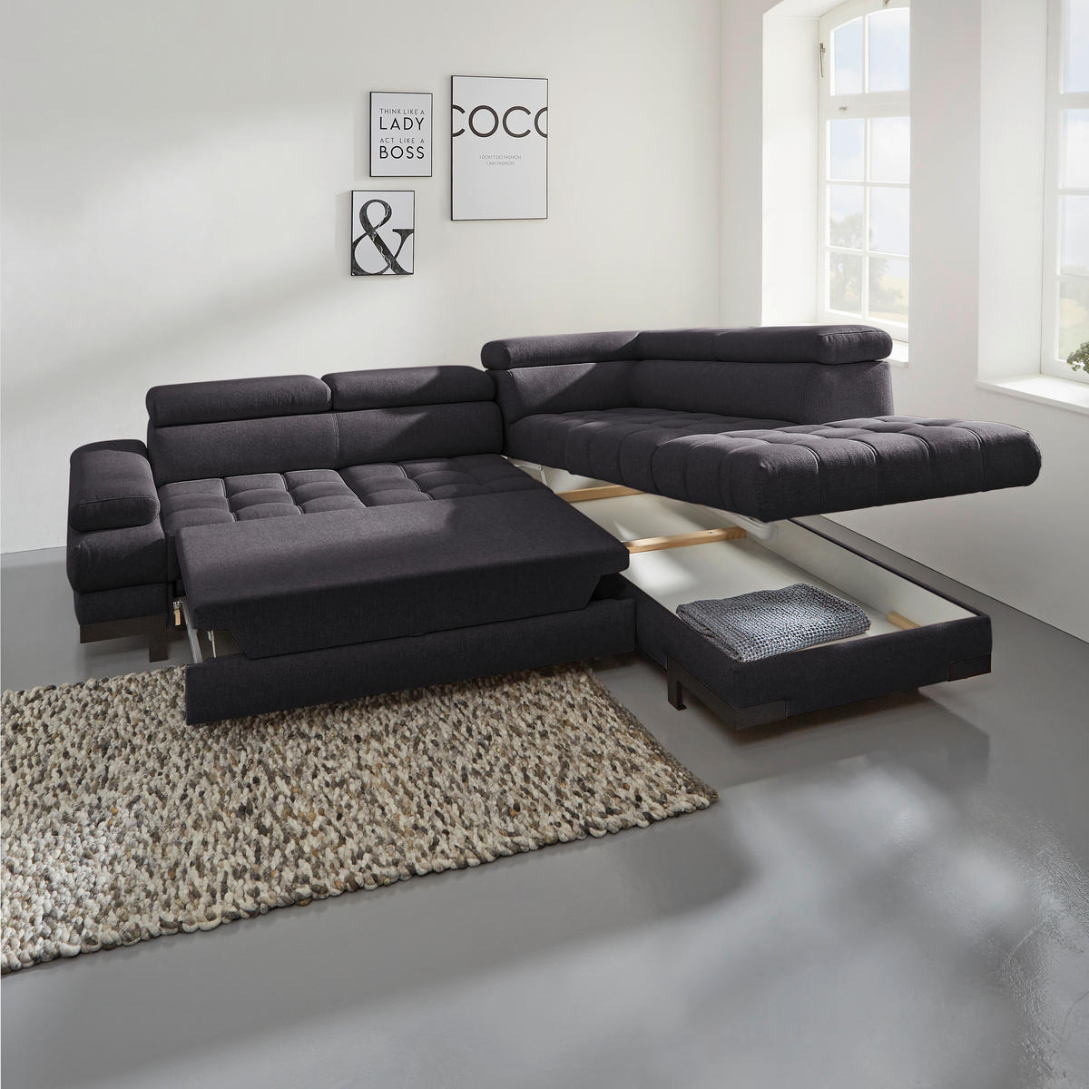 ECKSOFA in Webstoff Schwarz  - Schwarz, Design, Textil/Metall (263/223cm) - Welnova