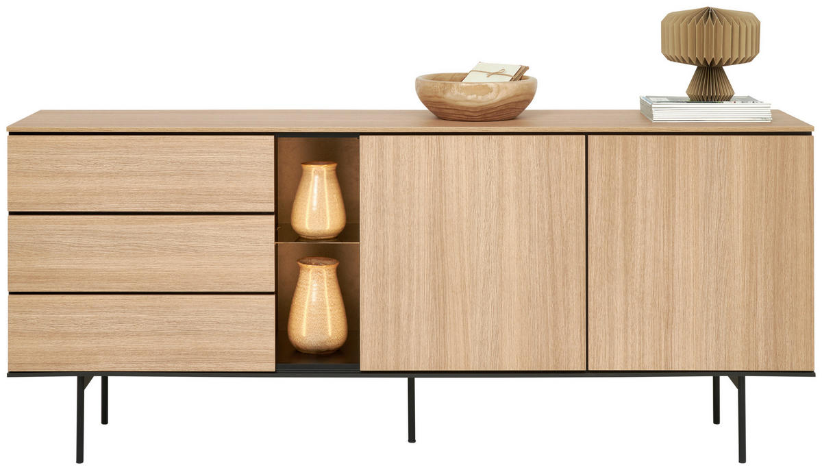 SIDEBOARD Schwarz, Eichefarben  197/83/41 cm  - Eichefarben/Schwarz, Basics, Glas/Holzwerkstoff (197/83/41cm) - Hom`in