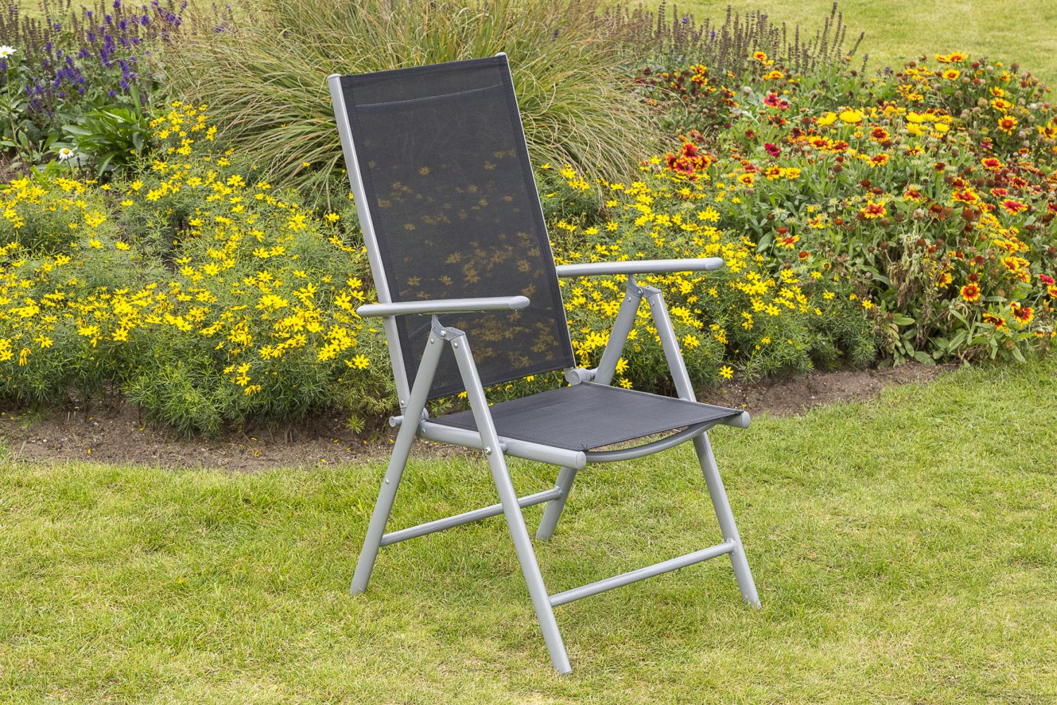 GARTENKLAPPSESSEL-SET in Metall, Textil Schwarz  - Silberfarben/Schwarz, KONVENTIONELL, Textil/Metall (57/108/65cm) - Gardenson