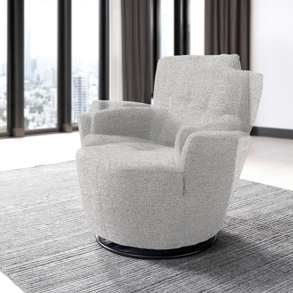 SESSEL in Chenille, Flachgewebe Ecru  - Ecru/Schwarz, Design, Textil/Metall (81/92/84cm) - Xora