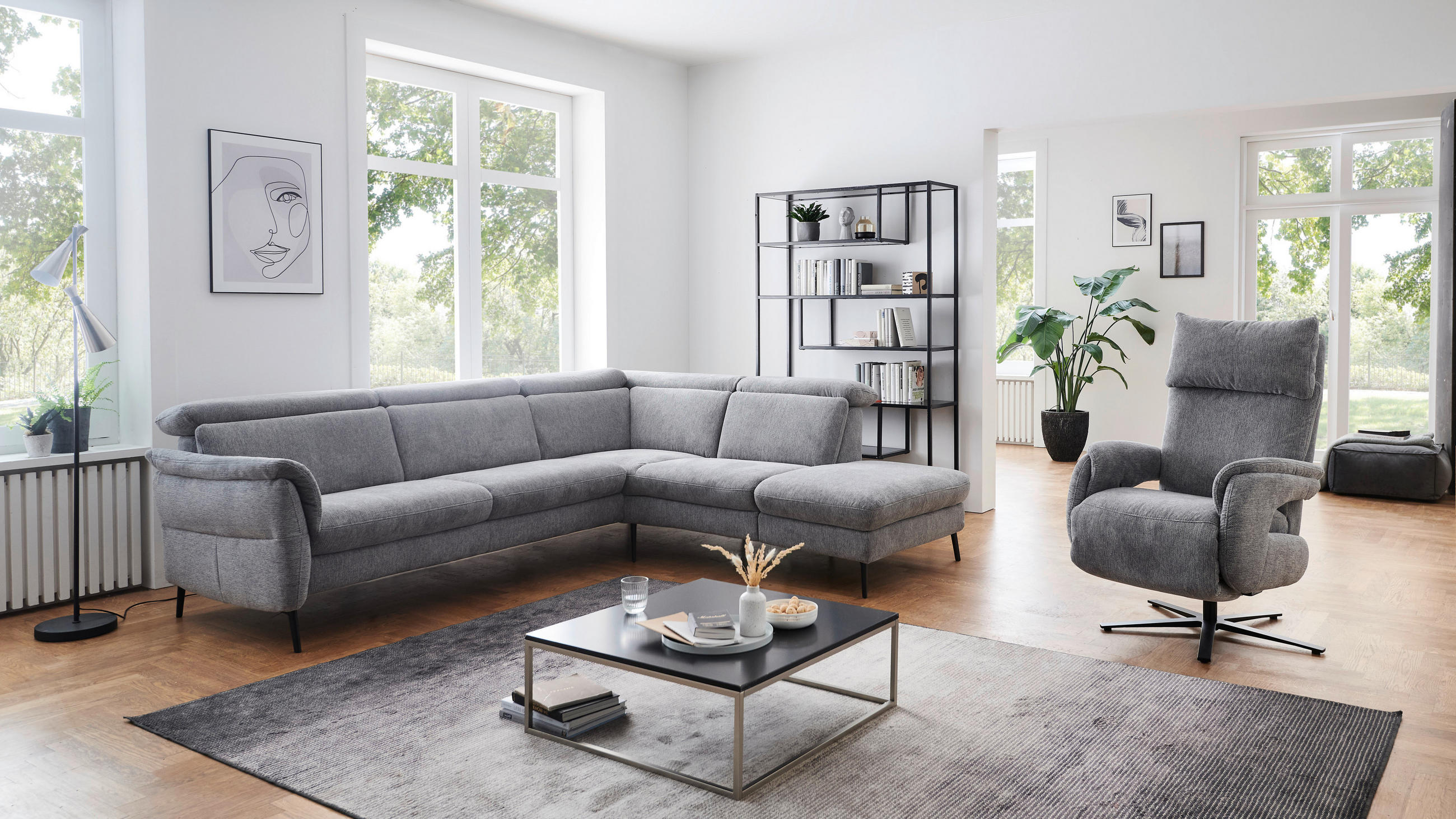 ECKSOFA Grau Struktur  - Schwarz/Grau, MODERN, Textil/Metall (275/235cm) - Cantus