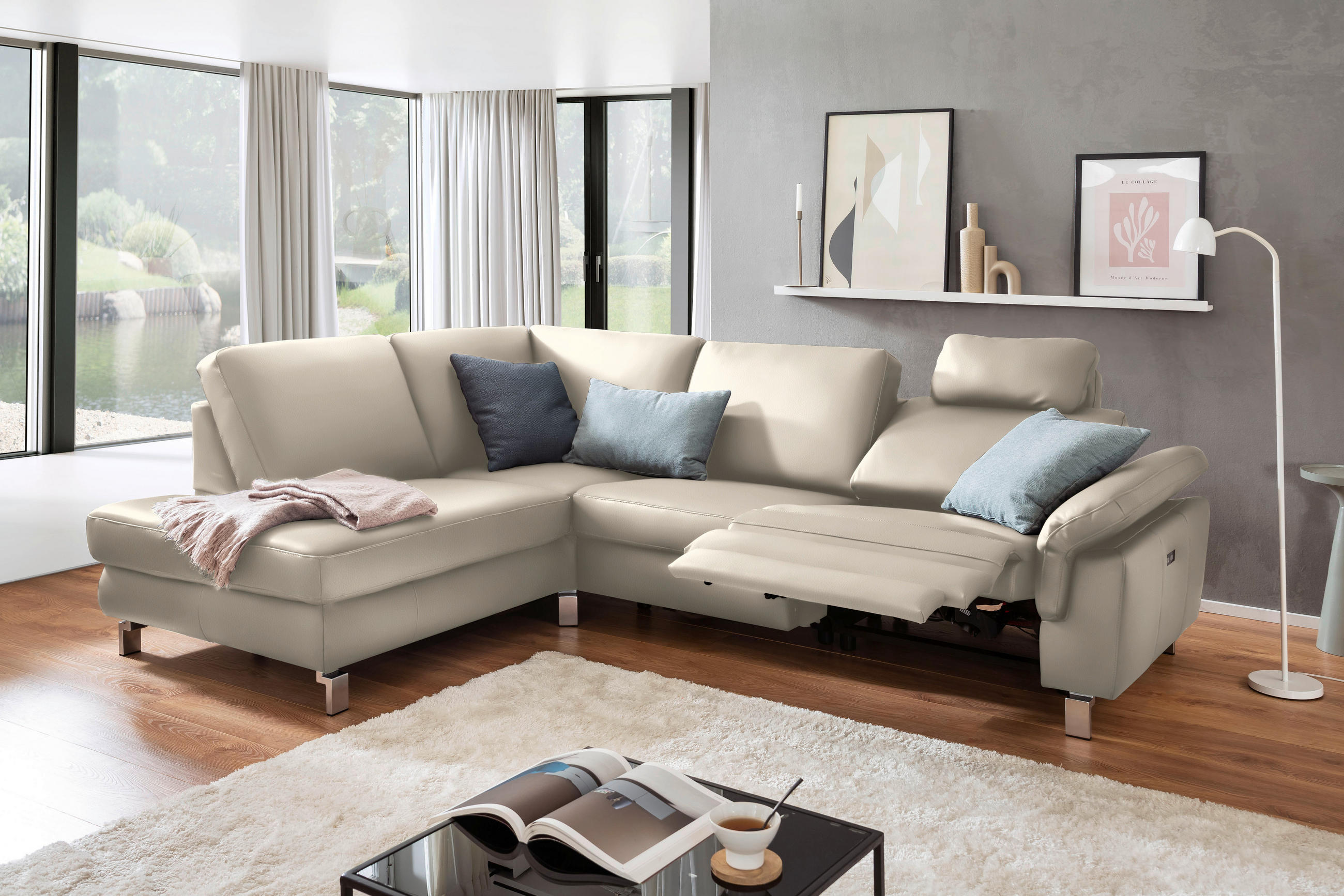 ECKSOFA in Echtleder Beige  - Chromfarben/Beige, Design, Leder/Metall (200/271cm) - Pure Home Lifestyle
