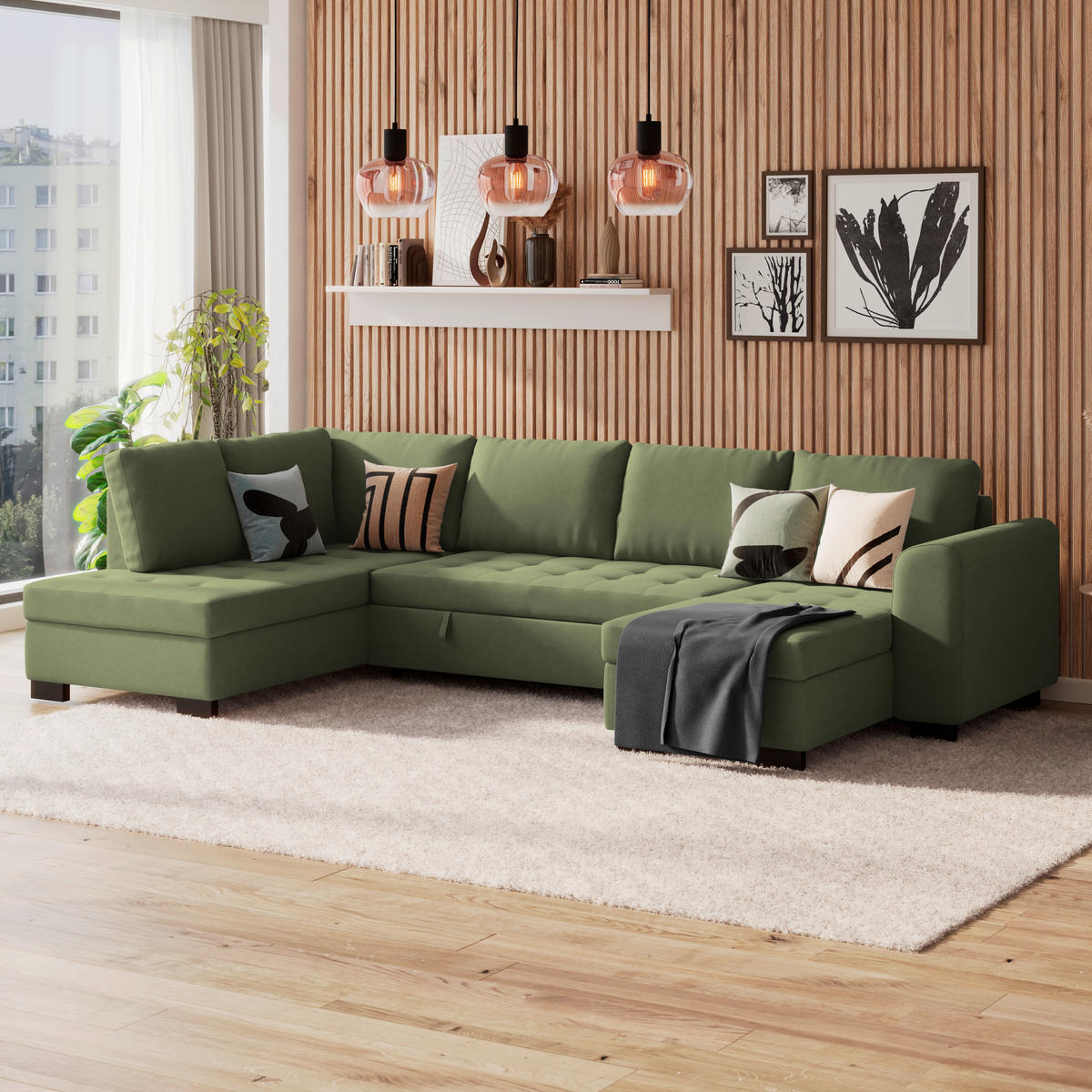 WOHNLANDSCHAFT Grün Mikrofaser  - Schwarz/Grau, MODERN, Kunststoff/Textil (178/305/155cm) - P & B