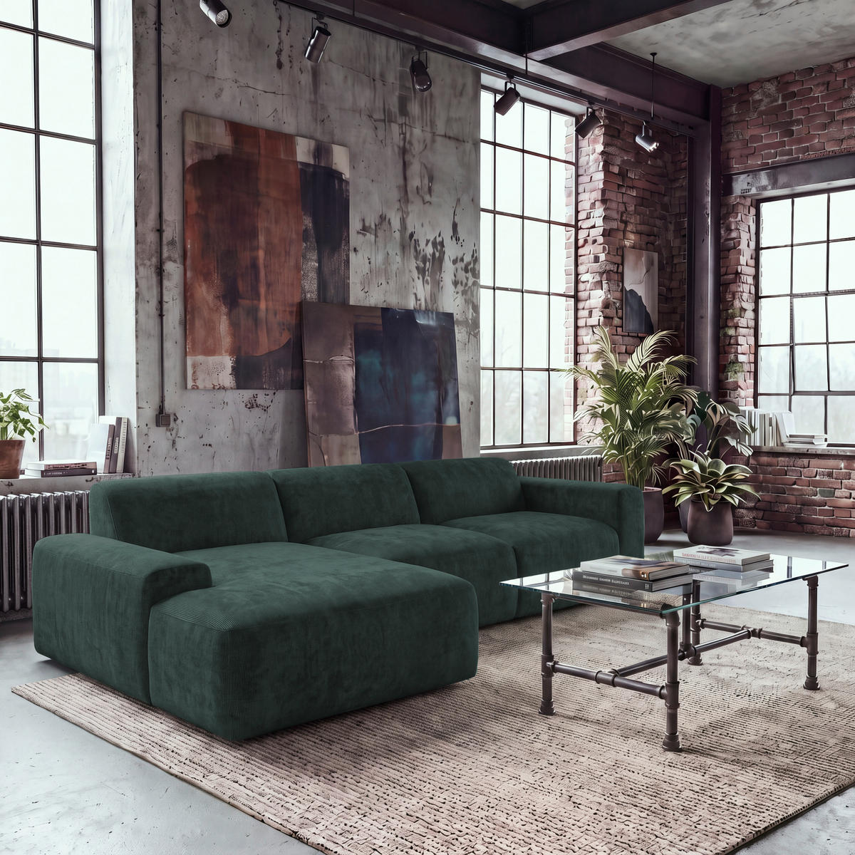 ECKSOFA HANNAH Grün Cord  - Schwarz/Grün, Design, Kunststoff/Textil (170/343cm) - MID.YOU
