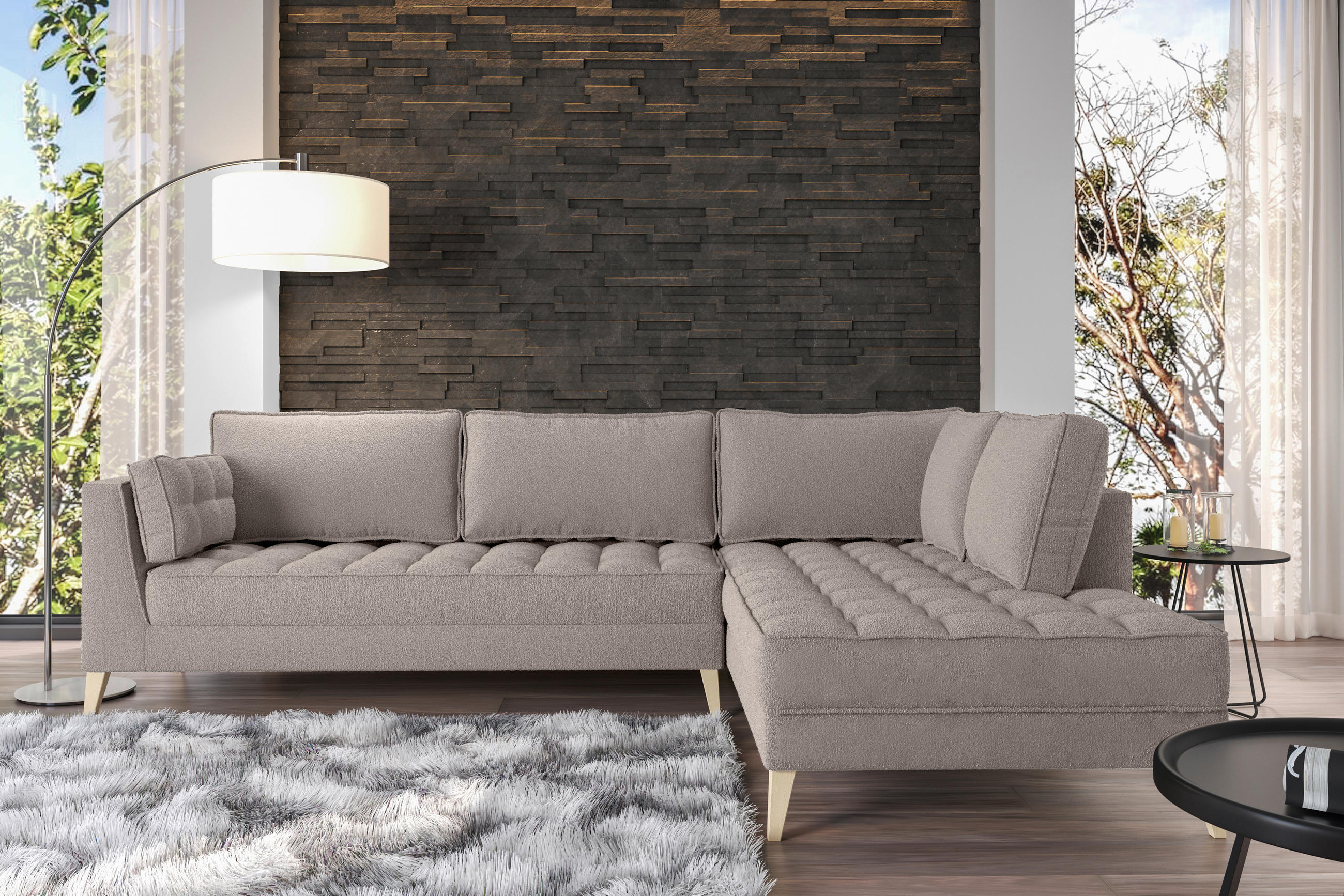 Thumbnail - Mid.you Ecksofa, Taupe, Textil, 5-Sitzer, Füllung: Polyester, Silikon, Ottomane rechts, L-Form, 310x204 cm, Made in EU, ...