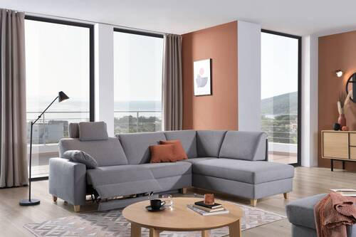 ECKSOFA in Flachgewebe Grau  261/203 cm  - Eichefarben/Grau, KONVENTIONELL, Holz/Textil (261/203cm) - Sedda