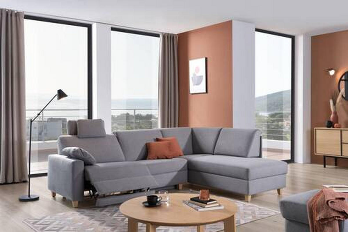 ECKSOFA in Flachgewebe Grau  261/203 cm  - Eichefarben/Grau, KONVENTIONELL, Holz/Textil (261/203cm) - Sedda