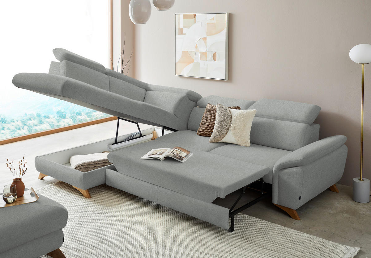 ECKSOFA in Flachgewebe Hellgrau  - Eichefarben/Hellgrau, Modern, Holz/Textil (212/287cm) - Valnatura