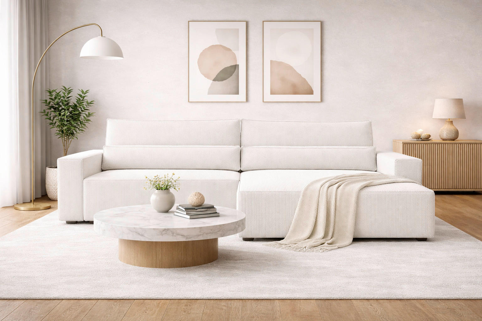 ECKSOFA BRAZIL L Creme Cord Rückenkissen, Schlaffunktion, Rücken echt, Stauraum  - Creme, Design, Textil (290/200cm) - MID.YOU