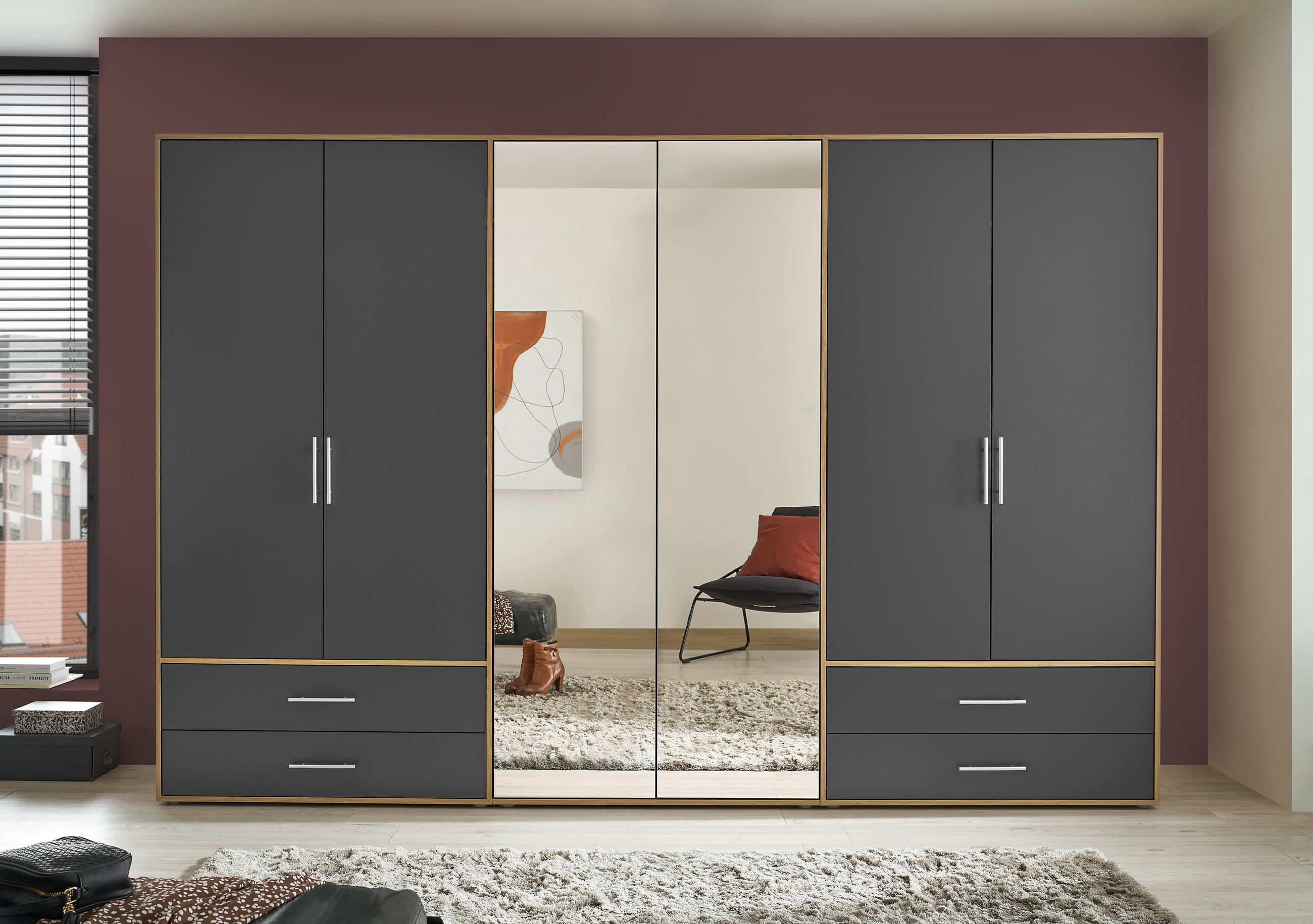 KLEIDERSCHRANK 305/207/58 cm 6-türig Graphitfarben, Eiche Artisan  - Alufarben/Graphitfarben, KONVENTIONELL, Glas/Holzwerkstoff (305/207/58cm) - Boxxx