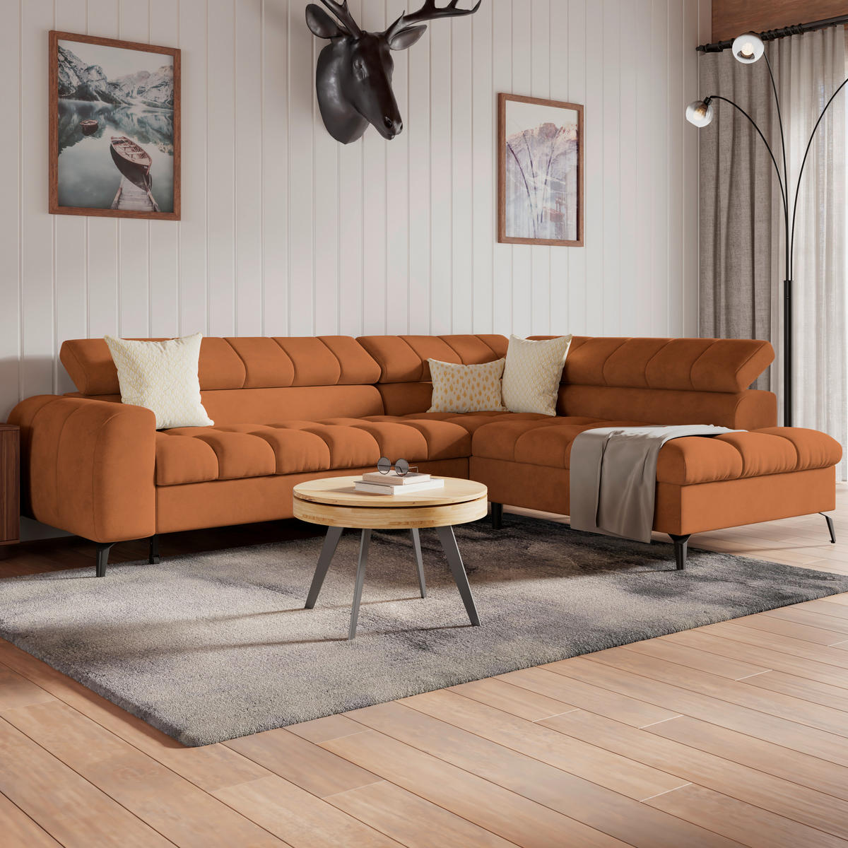 ECKSOFA Rostfarben Bettkasten, Rücken echt, Kopfteilverstellung  - Rostfarben/Schwarz, Trend, Kunststoff/Textil (261/203cm) - Livetastic