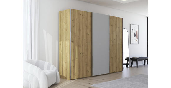 SCHWEBETÜRENSCHRANK 270/223/68 cm 3-türig Eichefarben, Chromfarben, Hellgrau  - Chromfarben/Eichefarben, Design, Glas/Holz (270/223/68cm) - Novel