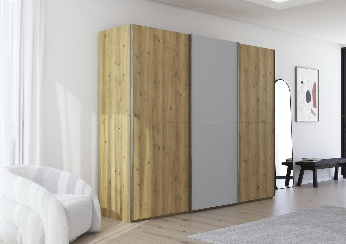 SCHWEBETÜRENSCHRANK 270/223/68 cm 3-türig Eichefarben, Chromfarben, Hellgrau  - Chromfarben/Eichefarben, Design, Glas/Holz (270/223/68cm) - Novel