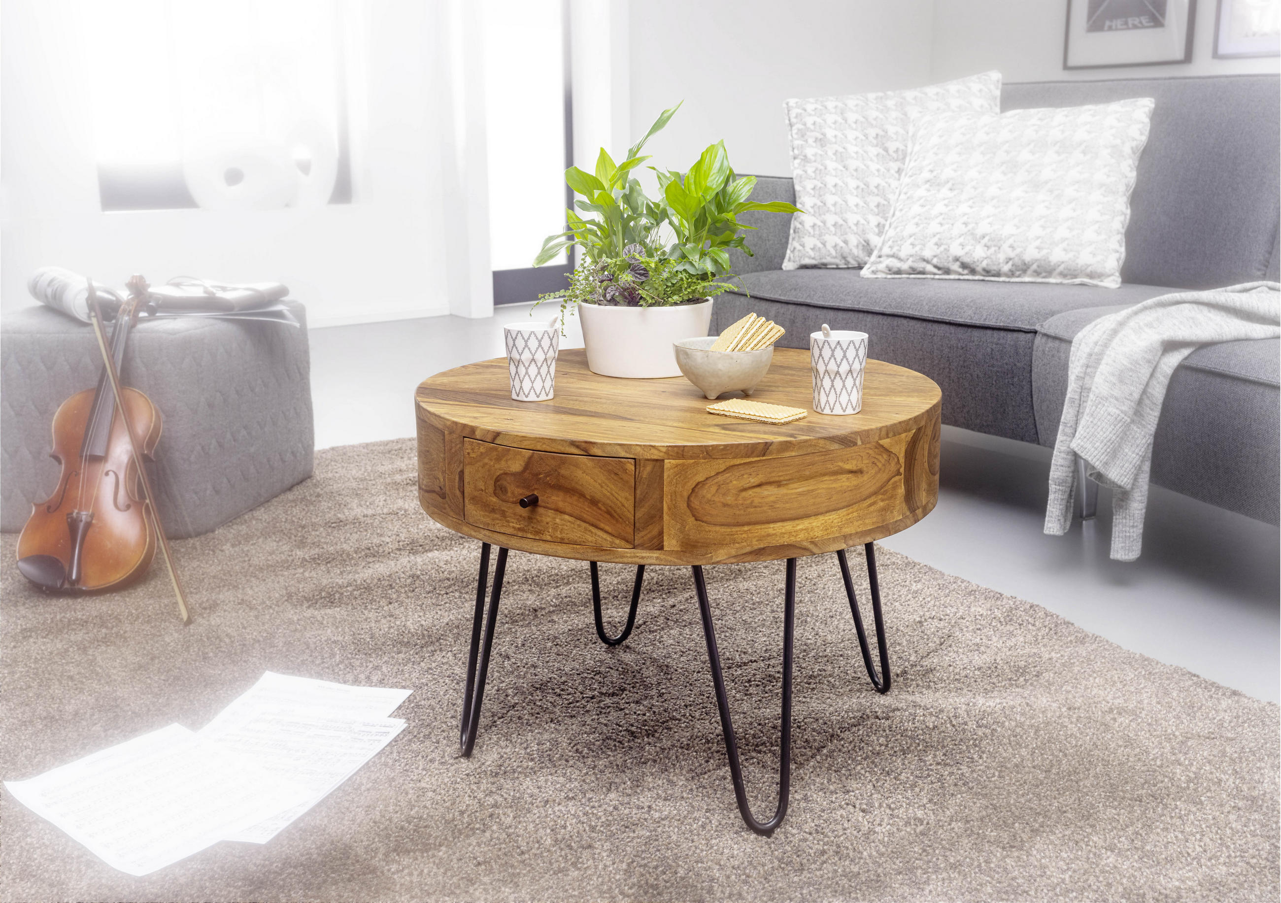 COUCHTISCH Sheesham massiv 60/60/44,5 cm rund Sheeshamfarben  - Sheeshamfarben/Schwarz, MODERN, Holz/Metall (60/60/44,5cm) - MID.YOU