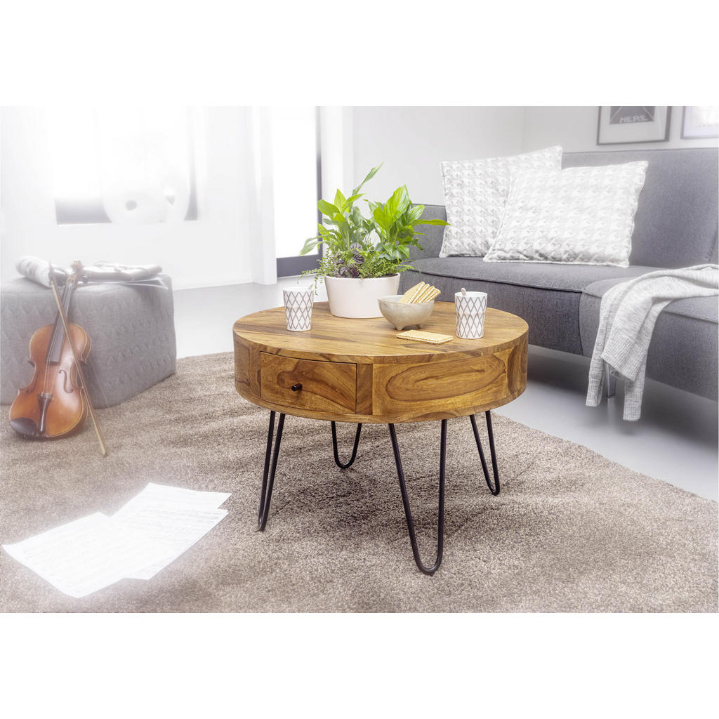 Thumbnail - Mid.you Couchtisch, Sheesham, Metall, Sheesham, massiv, 2 Schubladen, rund, U-Form, 60x44.5x60 cm, Wohnzimmer, Wohnzimme...