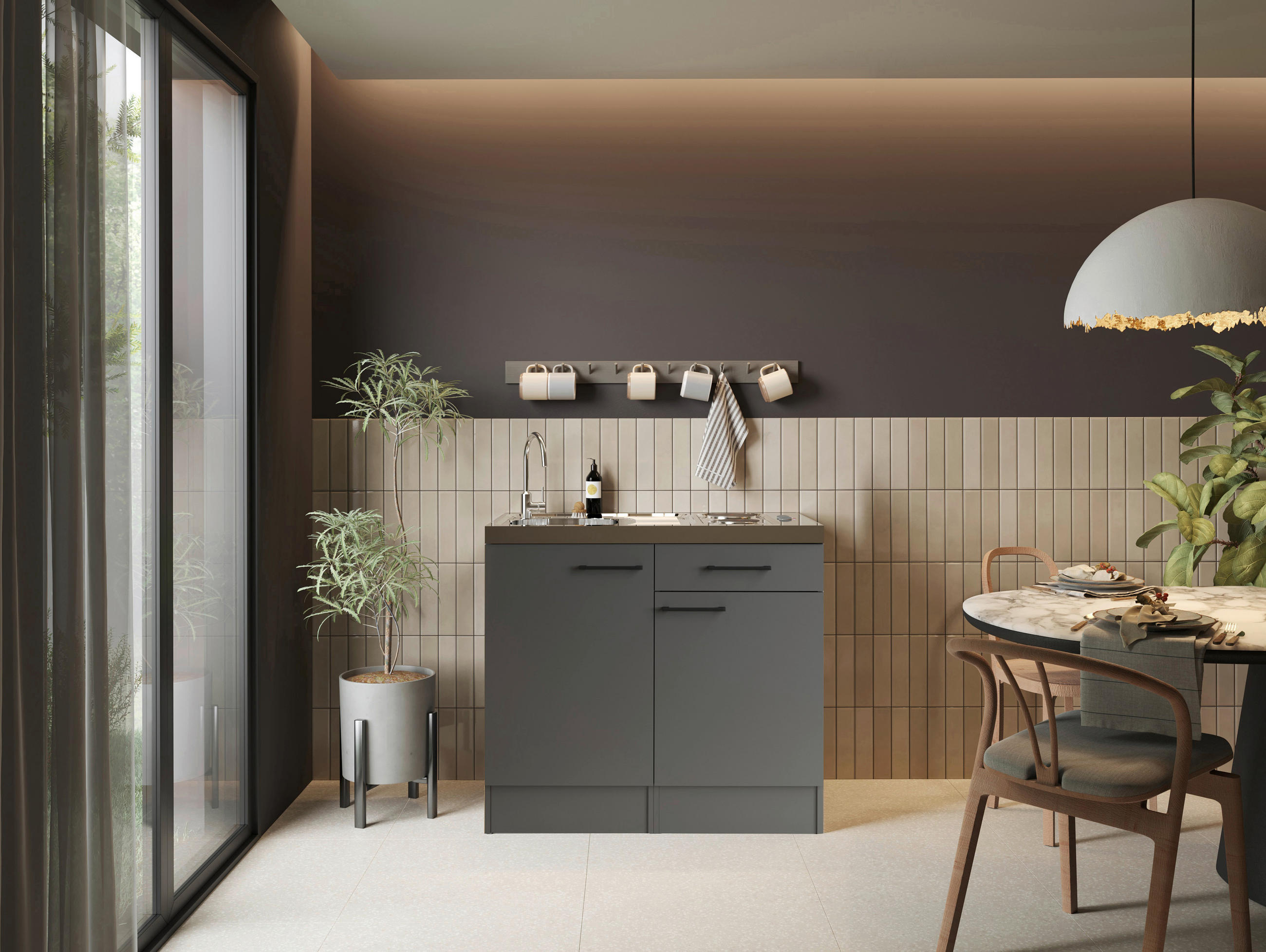 MINIKÜCHE 100 cm   in Grau  - Schwarz/Grau, Trend, Holzwerkstoff/Metall (100cm) - Respekta