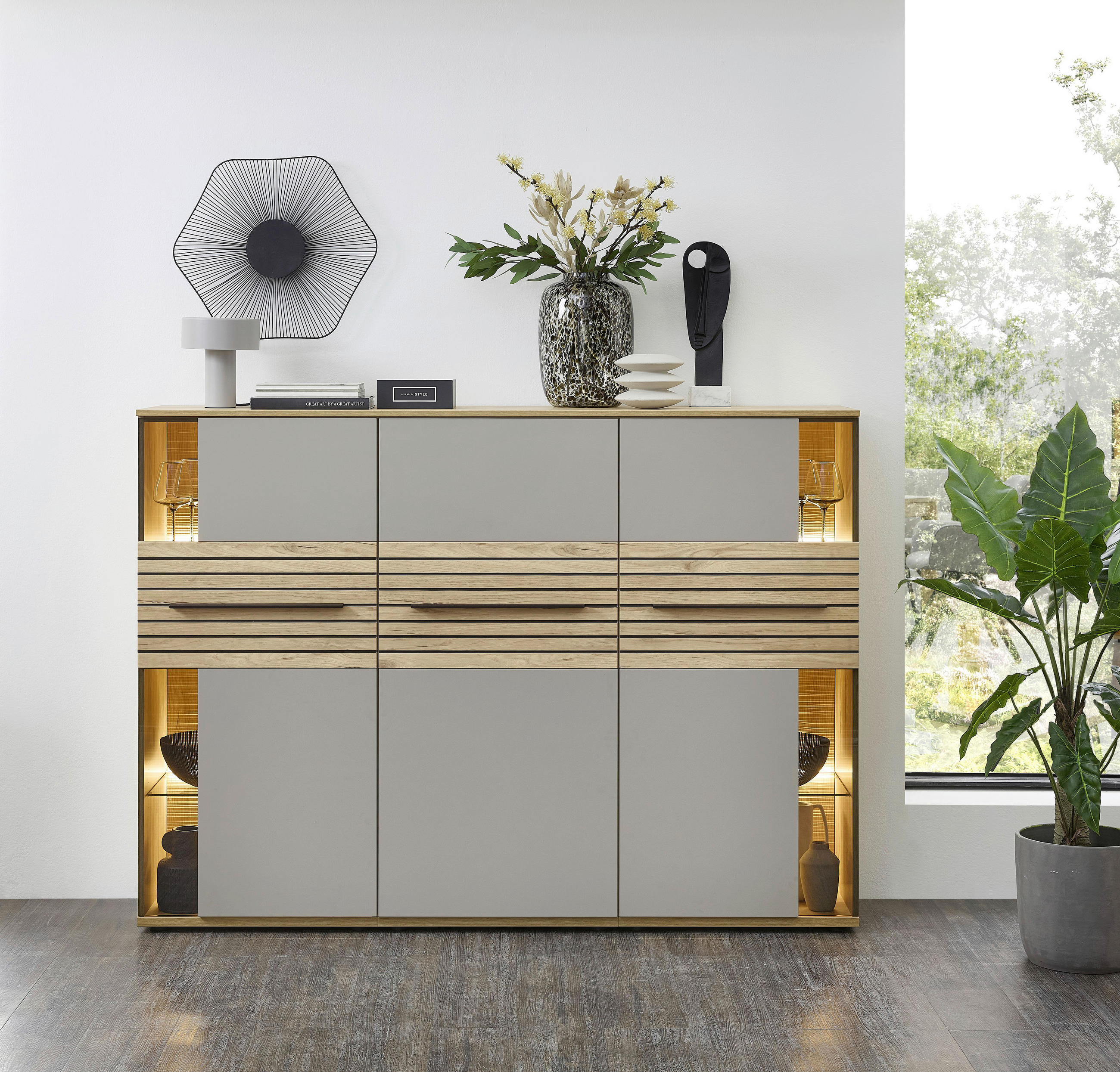 HIGHBOARD Grau, Eichefarben  180/131/40 cm  - Eichefarben/Schwarz, KONVENTIONELL, Glas/Holzwerkstoff (180/131/40cm) - Venda