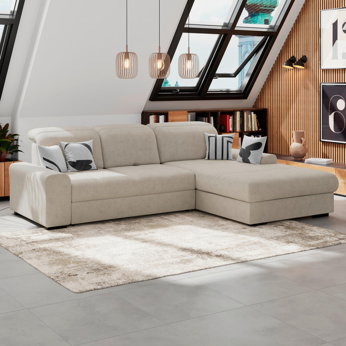 ECKSOFA Hellgrau Chenille Rücken echt, Kopfteilverstellung  - Hellgrau/Schwarz, KONVENTIONELL, Holz/Textil (286/203cm) - MID.YOU