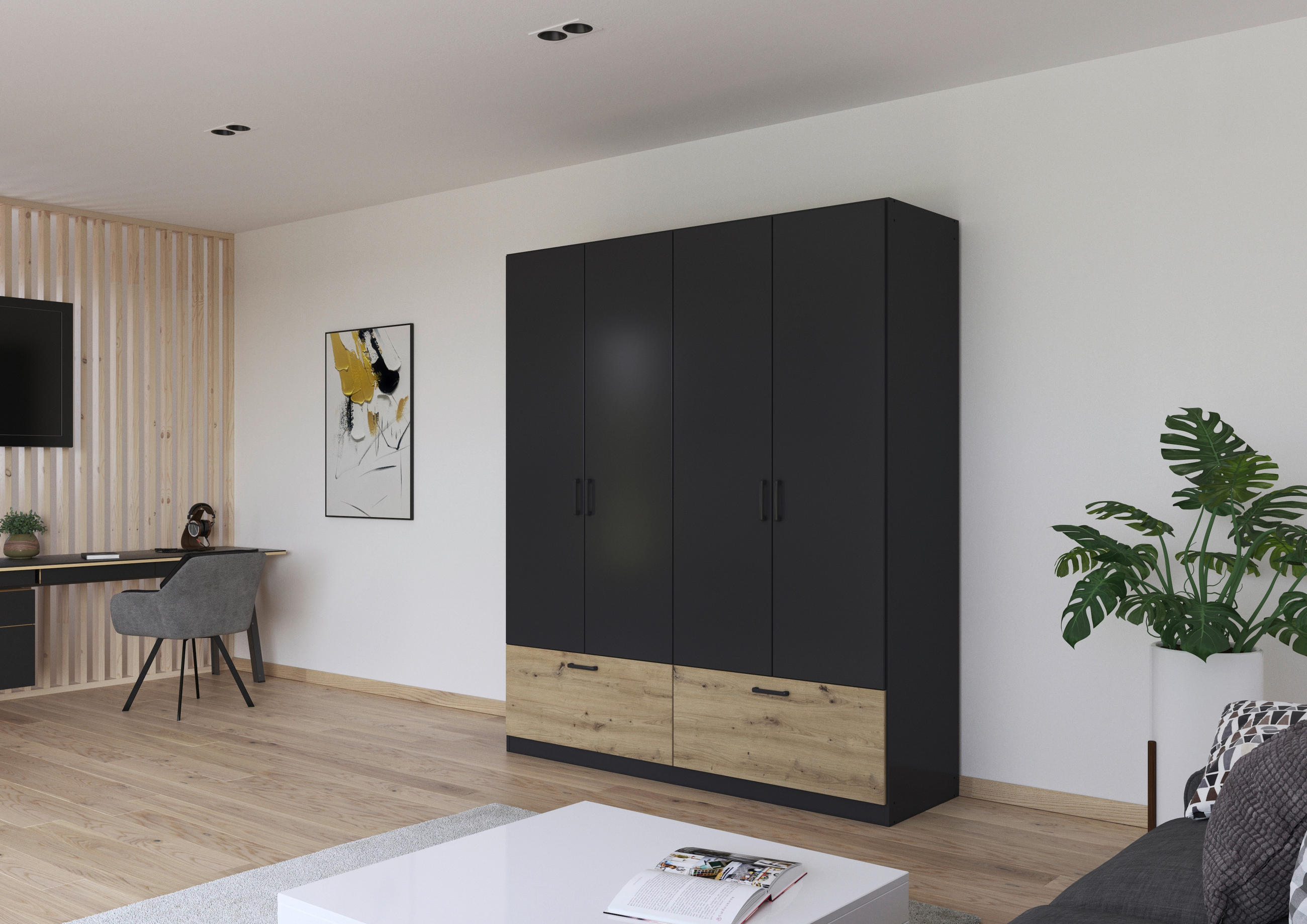 Thumbnail - Rauch Möbel Kleiderschrank, Grau, Eiche Artisan, Metall, 4 Fächer, 2 Schublade(n) Schubladen, 181x210x54 cm, Blauer Enge...