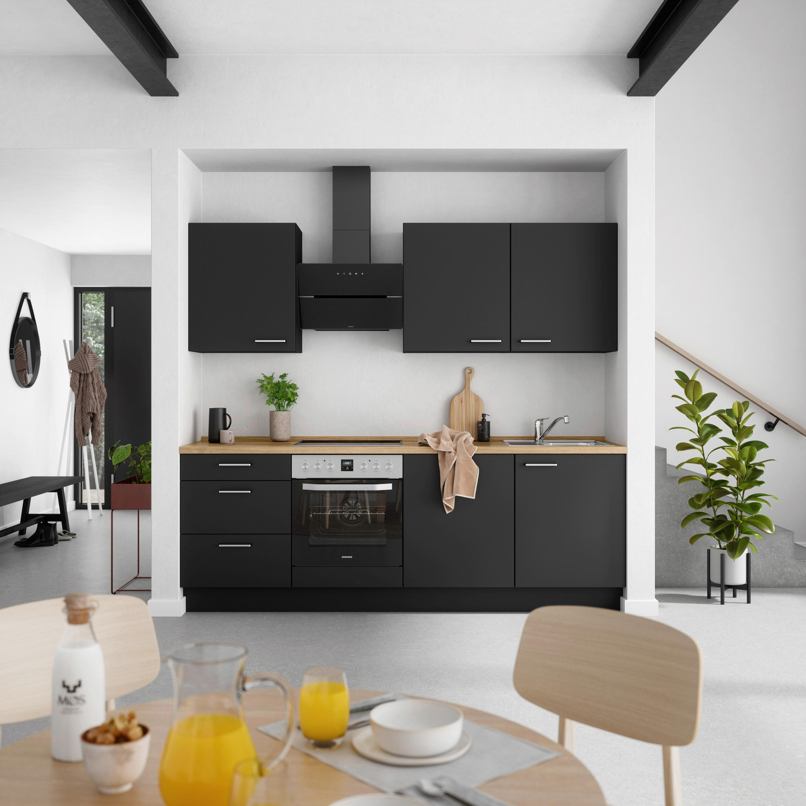 KÜCHENBLOCK 240 cm   in Schwarz, Eichefarben  - Edelstahlfarben/Eichefarben, MODERN, Holzwerkstoff/Metall (240cm) - Nobilia
