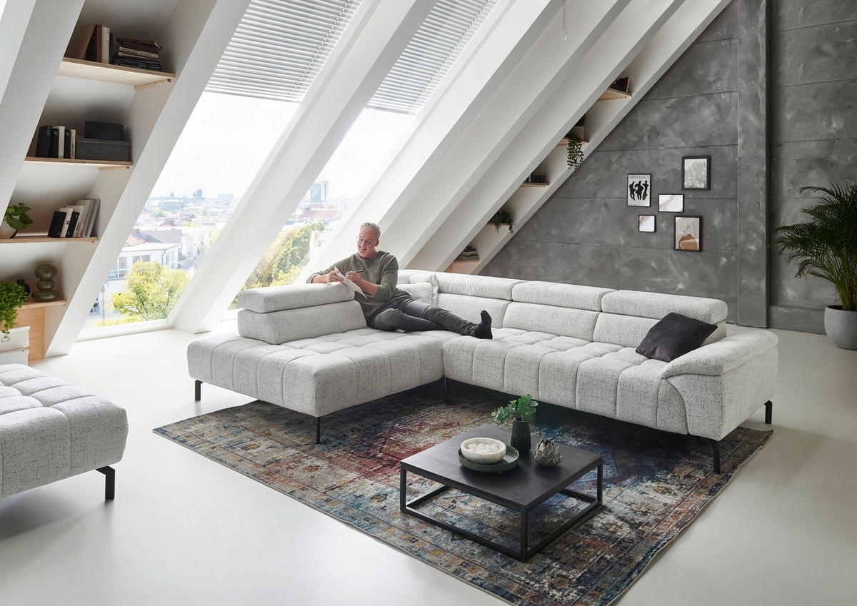 ECKSOFA in Chenille Grauweiss  - Schwarz/Grauweiss, Design, Textil/Metall (222/323cm) - Beldomo Style