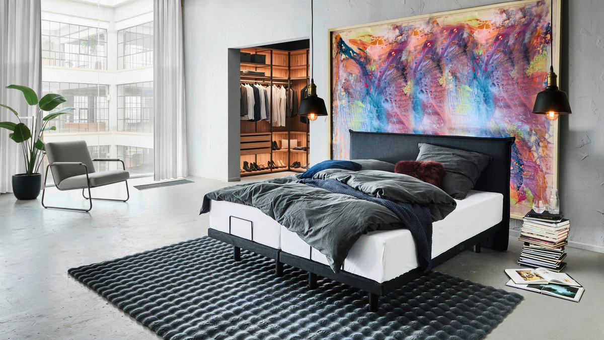 BOXBETT 180/200 cm,  in Graphitfarben, gepolstertes Kopfteil, Beleuchtung, Soundsystem, motorische Verstellbarkeit, Fernbedienung, Matratzen, Befestigungsmaterial, Unterbodenbeleuchtung, H3 = fest  - Schwarz/Graphitfarben, Design, Textil/Metall (180/200cm) - Chameo