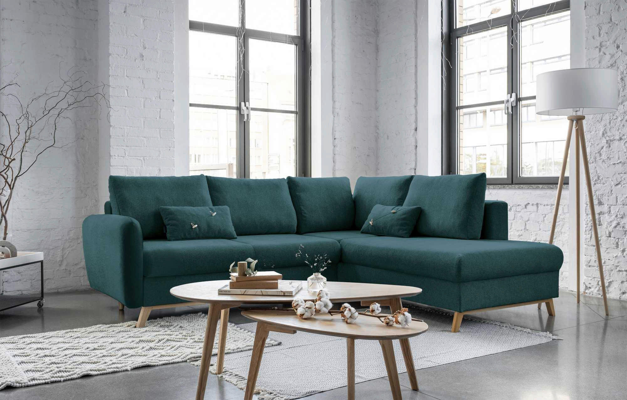 ECKSOFA Türkis Chenille  - Türkis/Naturfarben, Holz/Textil (242/202cm) - MID.YOU