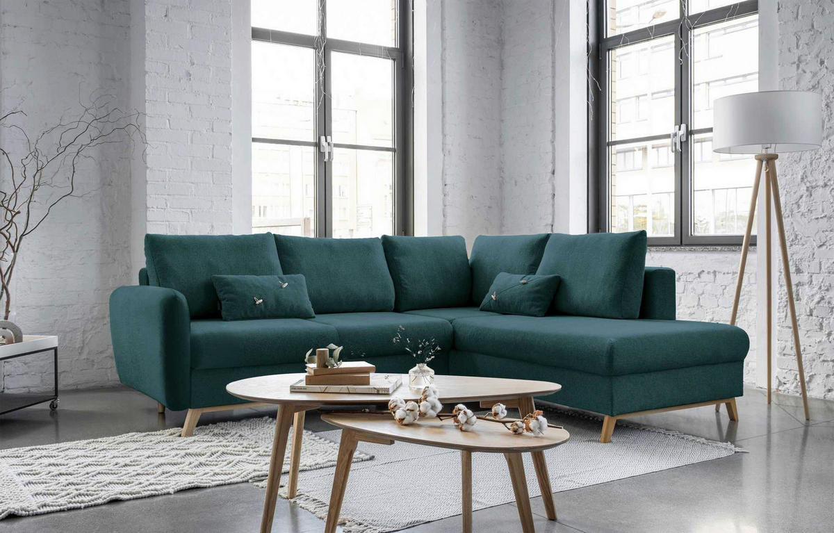 ECKSOFA Türkis Chenille  - Türkis/Naturfarben, Holz/Textil (242/202cm) - MID.YOU