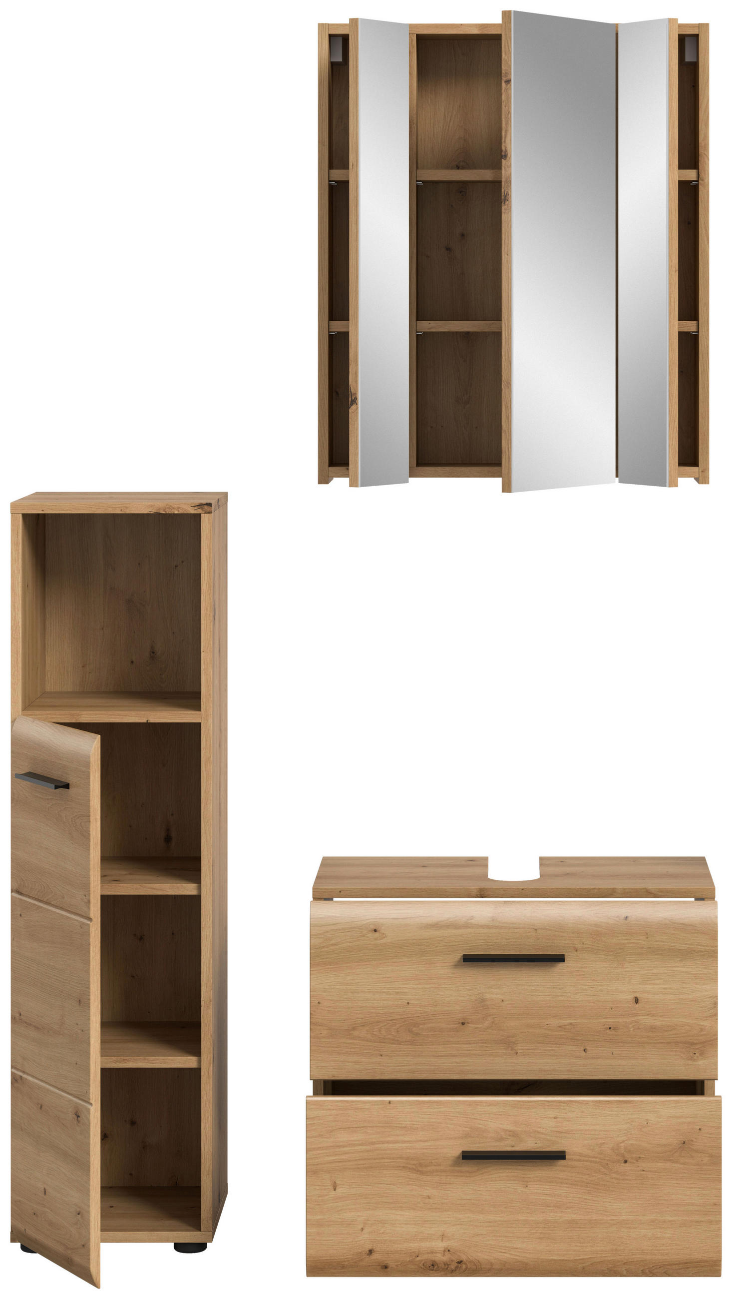 Baie 3 piese, 90 cm - stejar Artisan/negru, Basics, plastic/material pe bază de lemn (90cm) - MID.YOU