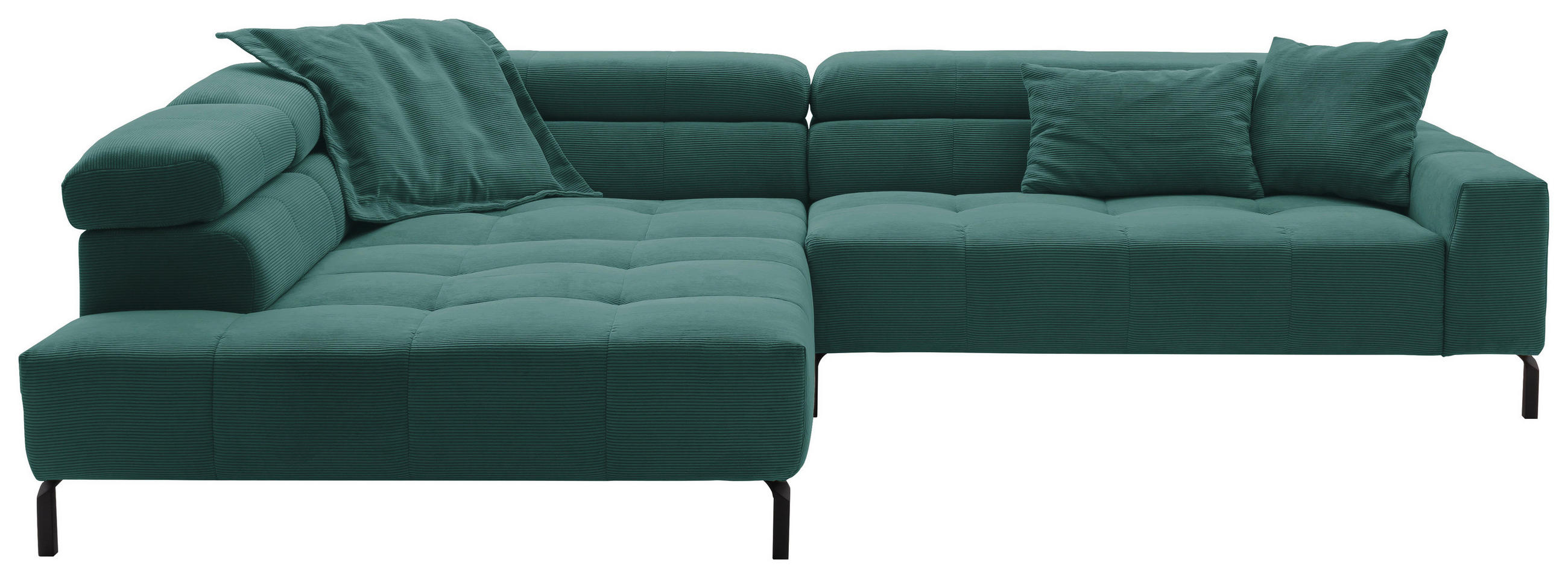 ECKSOFA Grün Feincord Rücken echt, Kopfteilverstellung, Sitzvorzug  - Schwarz/Grün, KONVENTIONELL, Textil/Metall (219/311cm) - Hom`in