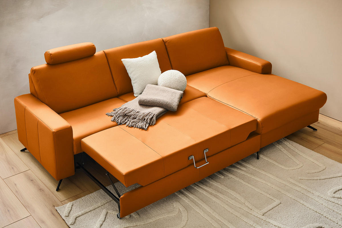 ECKSOFA in Echtleder Orange  267/165 cm  - Schwarz/Orange, Design, Leder/Metall (267/165cm) - Lomoco